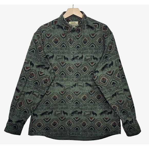 Cabela's Other - Cabelas Deerskin Soft Chamois Shirt Mens M Flannel AOP Nature Aztec Wolf Outdoor